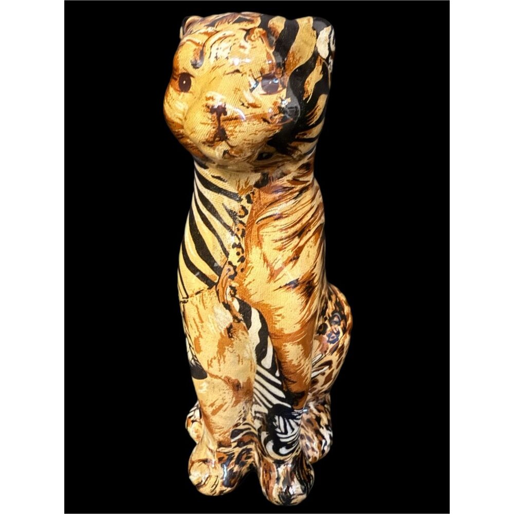 La Vie 7.5” Tall Glazed Patchwork Cat Animal Figurine African Safari Vintage